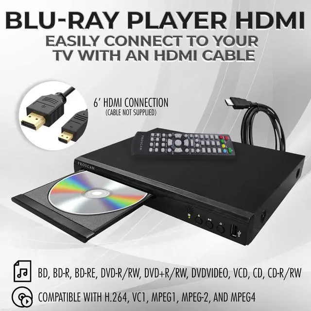 Alt view image 3 of 6 - Compact HDMI Blu-ray Player with Remote Control | 6' HDMI Cable and Multi-Language Support | Bluray and dvd Players for TV | Supports Multiple Disc Formats and Dolby Surround Sound