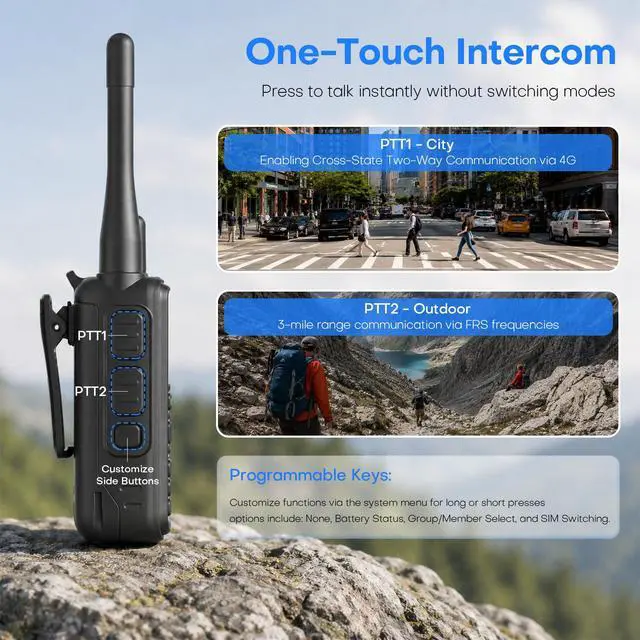 Alt view image 6 of 6 - PoC+FRS Dual Mode 4G LTE Long Range Walkie Talkies, Black, 2 Pack | Phone Calls | Programmable | FRS Compatible | Nationwide 4G | One-Touch Pairing | Relay Mode | Power Saving | Noise Reduction