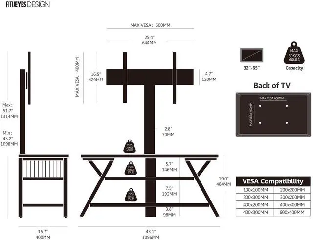 Alt view image 3 of 6 - Wood TV Stand with Mount for 32-65 Inch TVS Entertainment Center with Mount for LCD/LED Flat Curved Screens - Height Adjustable, Cable Management, Open Storage, White, VESA 600 x 400 mm