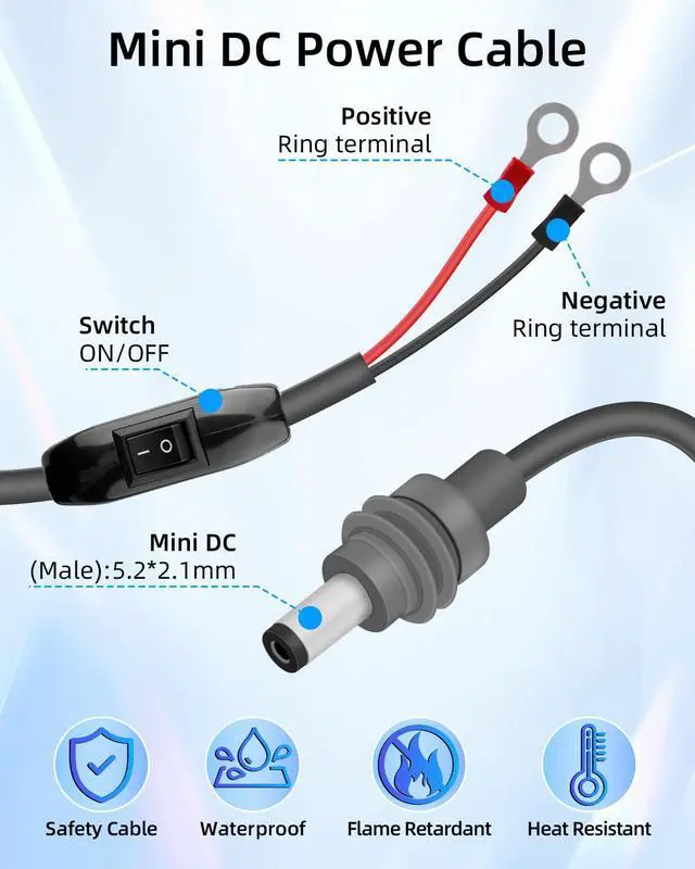 Alt view image 4 of 6 - Mini DC5521 to O Ring Extension Cable with On/Off Switch, 18AWG DC 5.5x2.1MM to 8MM Eyelet Direct Battery Power Cable for Car, RV, or Marine, 10FT (with Switch)