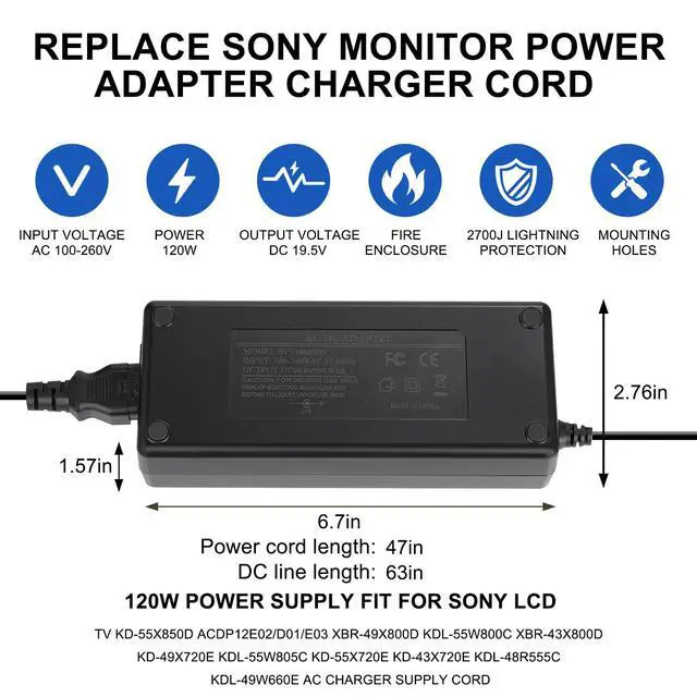 Alt view image 5 of 6 - 19.5V Power Supply Cord Compatible with Sony KDL-55W805C KD-55X720E KDL-55W800C XBR-43X800E XBR-43X800D XBR-49X800E XBR-49X800D XBR-55X850D KD-43X720E TV Supply Adapter Charger