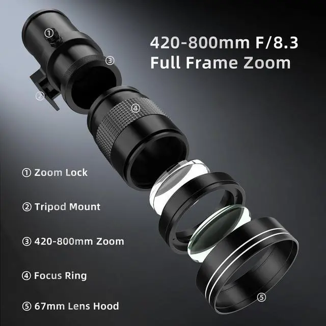 Alt view image 2 of 6 - 420-800mm f/8.3 Manual Zoom Lens, Moon/Wildlife | Manual Focus only, 3 T-mount Adapter, f/8.316, Bright Daylight + Sturdy Tripod Required, No AF/IS/Electronics