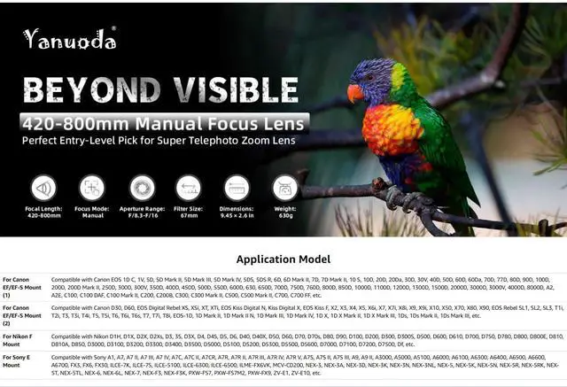 Alt view image 5 of 6 - 420-800mm f/8.3 Manual Zoom Lens, Moon/Wildlife | Manual Focus only, 3 T-mount Adapter, f/8.316, Bright Daylight + Sturdy Tripod Required, No AF/IS/Electronics