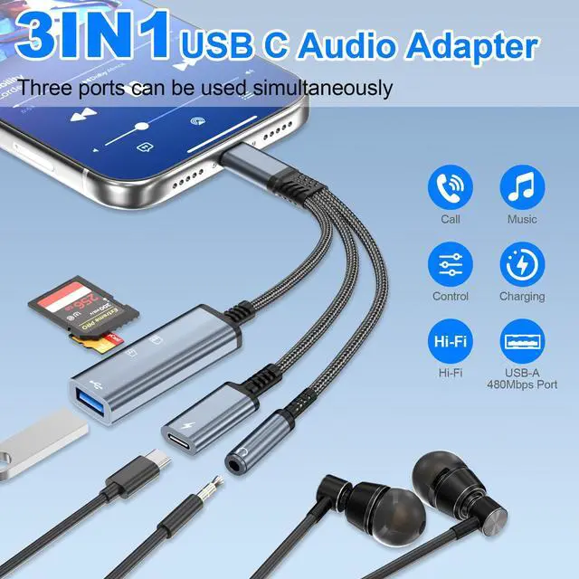 Alt view image 2 of 6 - USB-C to 3.5mm Headphone Adapter,3 in 1 USB C Charging Port Splitter,OTG Adapter,TF/SD Card Reader,USB C to Audio Jack Adapter for iPhone15 16 17,Android,iPad,Laptop,Slivery