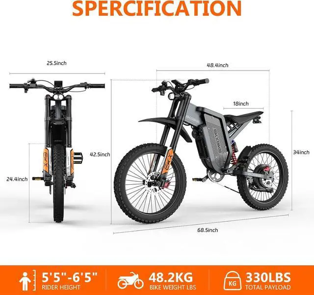 Alt view image 4 of 7 - Readygo X21 Max High Power Electric Dirt Bike for Adults, 5000W Peak 60V 30Ah Long Range Ebike, 19" x 2 Fat Tire All-Terrain 7-Speed Off Road Electric Bicycle