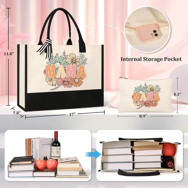 Alt view image 4 of 7 - Tecanne Mothers Day Gifts, Mom Birthday Gifts from Daughter Son, Canvas Tote Bag Makeup Bag for Mom Personalized Gift Set