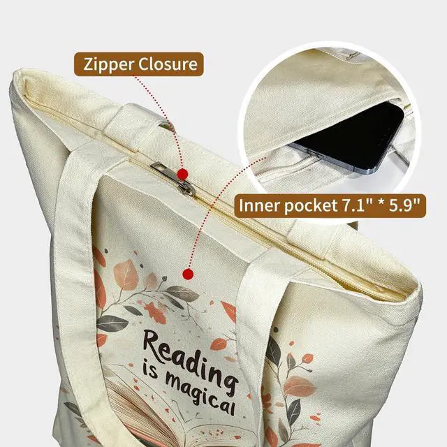 Alt view image 4 of 7 - itgowisa Canvas Tote Bag with Zipper Pocket, Travel Shopping Book Bag for Women, Gifts for Teachers, Nurses, Plant Lovers