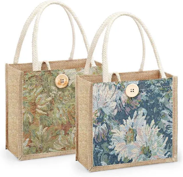 Main image of Women Tote Bag,2Pcs Jute Casual Tote's Handbag Embroidered Personalized Bento Bag,Reusable Grocery Bags Shopping Bags
