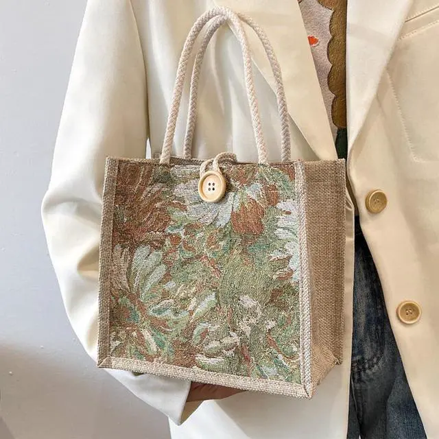 Alt view image 3 of 6 - Women Tote Bag,2Pcs Jute Casual Tote's Handbag Embroidered Personalized Bento Bag,Reusable Grocery Bags Shopping Bags
