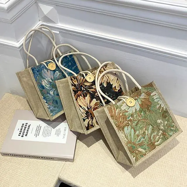 Alt view image 4 of 6 - Women Tote Bag,2Pcs Jute Casual Tote's Handbag Embroidered Personalized Bento Bag,Reusable Grocery Bags Shopping Bags