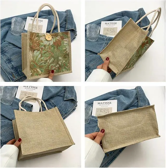 Alt view image 5 of 6 - Women Tote Bag,2Pcs Jute Casual Tote's Handbag Embroidered Personalized Bento Bag,Reusable Grocery Bags Shopping Bags