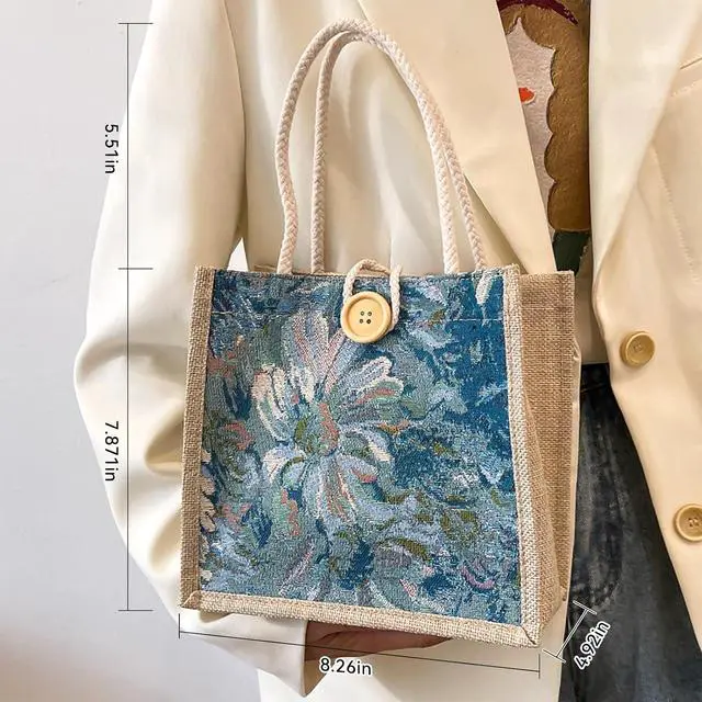 Alt view image 6 of 6 - Women Tote Bag,2Pcs Jute Casual Tote's Handbag Embroidered Personalized Bento Bag,Reusable Grocery Bags Shopping Bags