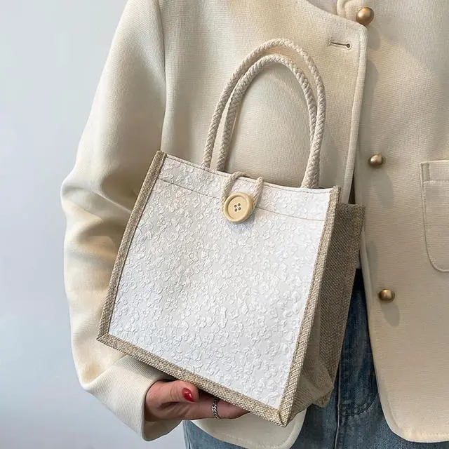 Alt view image 2 of 7 - Women Tote Bag,2Pcs Jute Casual Tote's Handbag Embroidered Personalized Bento Bag,Reusable Grocery Bags Shopping Bags