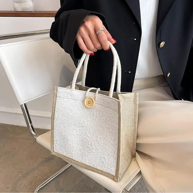 Alt view image 4 of 7 - Women Tote Bag,2Pcs Jute Casual Tote's Handbag Embroidered Personalized Bento Bag,Reusable Grocery Bags Shopping Bags