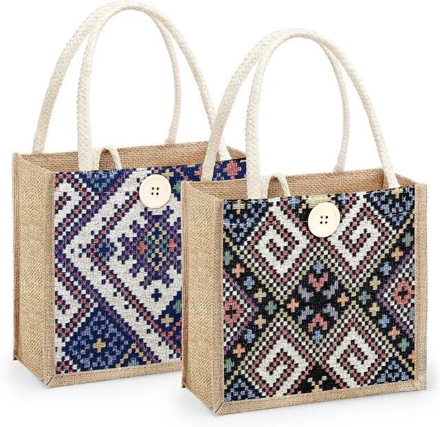Main image of Women Tote Bag,2Pcs Jute Casual Tote's Handbag Embroidered Personalized Bento Bag,Reusable Grocery Bags Shopping Bags