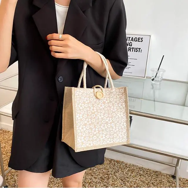 Alt view image 3 of 7 - Women Tote Bag,2Pcs Jute Casual Tote's Handbag Embroidered Personalized Bento Bag,Reusable Grocery Bags Shopping Bags