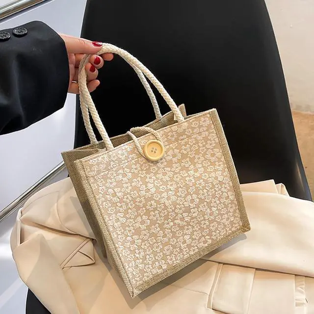 Alt view image 5 of 7 - Women Tote Bag,2Pcs Jute Casual Tote's Handbag Embroidered Personalized Bento Bag,Reusable Grocery Bags Shopping Bags