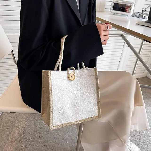 Alt view image 6 of 7 - Women Tote Bag,2Pcs Jute Casual Tote's Handbag Embroidered Personalized Bento Bag,Reusable Grocery Bags Shopping Bags