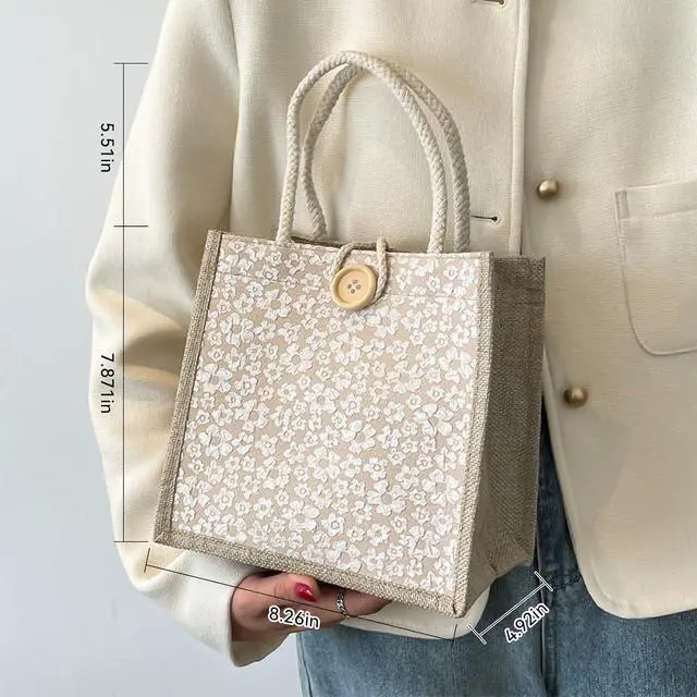 Alt view image 7 of 7 - Women Tote Bag,2Pcs Jute Casual Tote's Handbag Embroidered Personalized Bento Bag,Reusable Grocery Bags Shopping Bags
