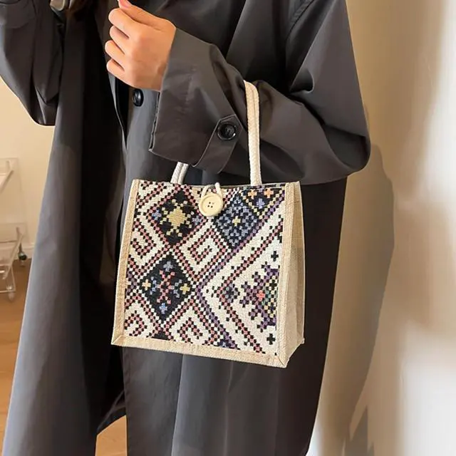 Alt view image 2 of 7 - Women Tote Bag,2Pcs Jute Casual Tote's Handbag Embroidered Personalized Bento Bag,Reusable Grocery Bags Shopping Bags