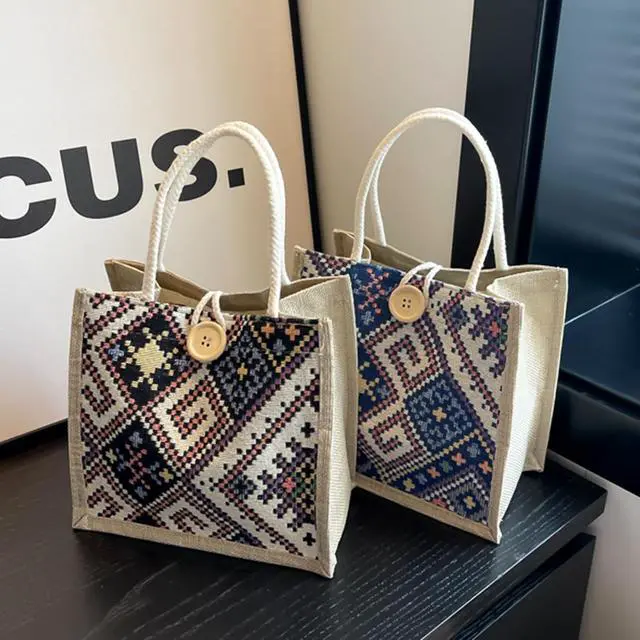 Alt view image 3 of 7 - Women Tote Bag,2Pcs Jute Casual Tote's Handbag Embroidered Personalized Bento Bag,Reusable Grocery Bags Shopping Bags