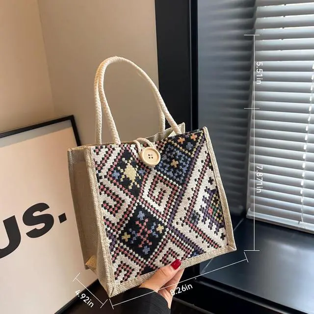 Alt view image 4 of 7 - Women Tote Bag,2Pcs Jute Casual Tote's Handbag Embroidered Personalized Bento Bag,Reusable Grocery Bags Shopping Bags