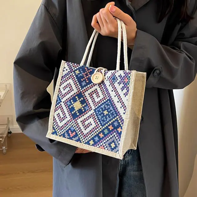Alt view image 7 of 7 - Women Tote Bag,2Pcs Jute Casual Tote's Handbag Embroidered Personalized Bento Bag,Reusable Grocery Bags Shopping Bags