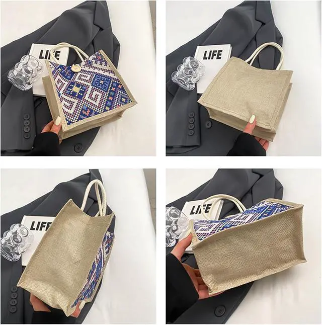 Alt view image 6 of 7 - Women Tote Bag,2Pcs Jute Casual Tote's Handbag Embroidered Personalized Bento Bag,Reusable Grocery Bags Shopping Bags