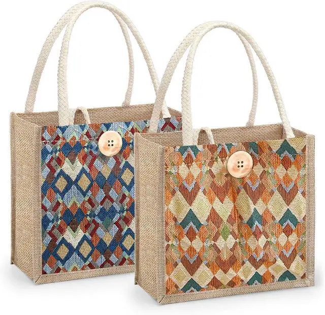 Main image of Women Tote Bag,2Pcs Jute Casual Tote's Handbag Embroidered Personalized Bento Bag,Reusable Grocery Bags Shopping Bags
