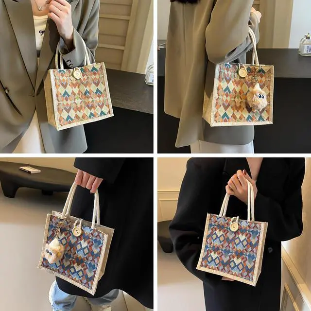 Alt view image 2 of 6 - Women Tote Bag,2Pcs Jute Casual Tote's Handbag Embroidered Personalized Bento Bag,Reusable Grocery Bags Shopping Bags