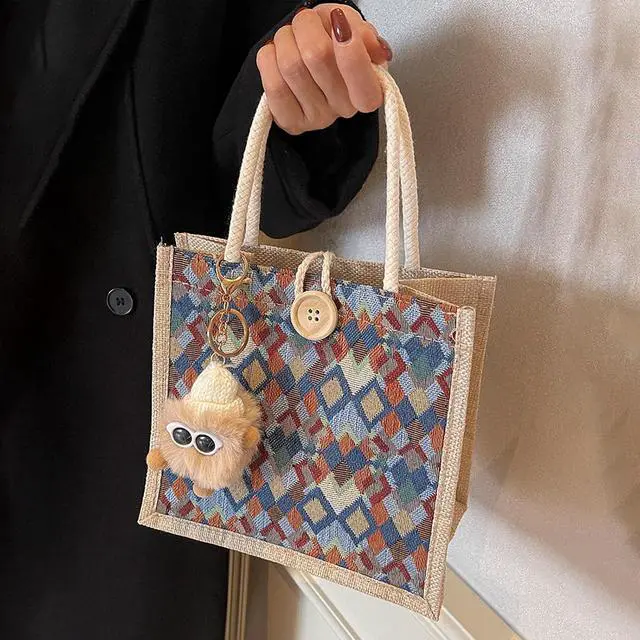Alt view image 3 of 6 - Women Tote Bag,2Pcs Jute Casual Tote's Handbag Embroidered Personalized Bento Bag,Reusable Grocery Bags Shopping Bags