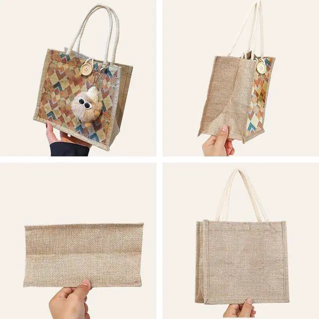 Alt view image 5 of 6 - Women Tote Bag,2Pcs Jute Casual Tote's Handbag Embroidered Personalized Bento Bag,Reusable Grocery Bags Shopping Bags