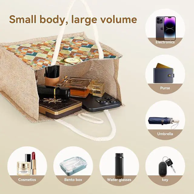 Alt view image 6 of 6 - Women Tote Bag,2Pcs Jute Casual Tote's Handbag Embroidered Personalized Bento Bag,Reusable Grocery Bags Shopping Bags