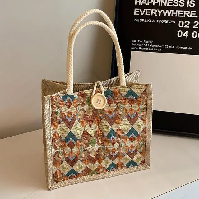 Alt view image 4 of 6 - Women Tote Bag,2Pcs Jute Casual Tote's Handbag Embroidered Personalized Bento Bag,Reusable Grocery Bags Shopping Bags