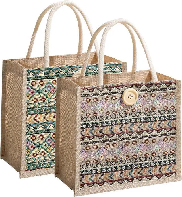 Main image of Women Tote Bag,2Pcs Jute Casual Tote's Handbag Embroidered Personalized Bento Bag,Reusable Grocery Bags Shopping Bags