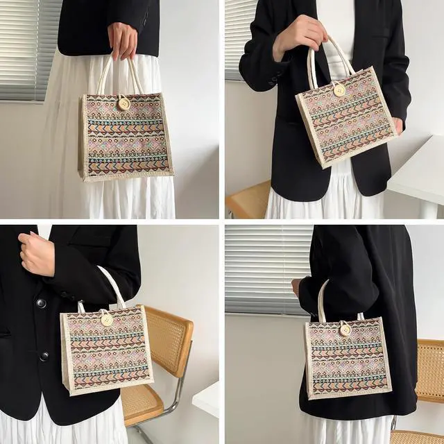 Alt view image 2 of 7 - Women Tote Bag,2Pcs Jute Casual Tote's Handbag Embroidered Personalized Bento Bag,Reusable Grocery Bags Shopping Bags