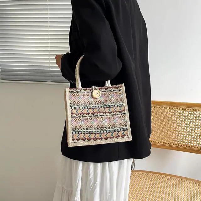 Alt view image 3 of 7 - Women Tote Bag,2Pcs Jute Casual Tote's Handbag Embroidered Personalized Bento Bag,Reusable Grocery Bags Shopping Bags
