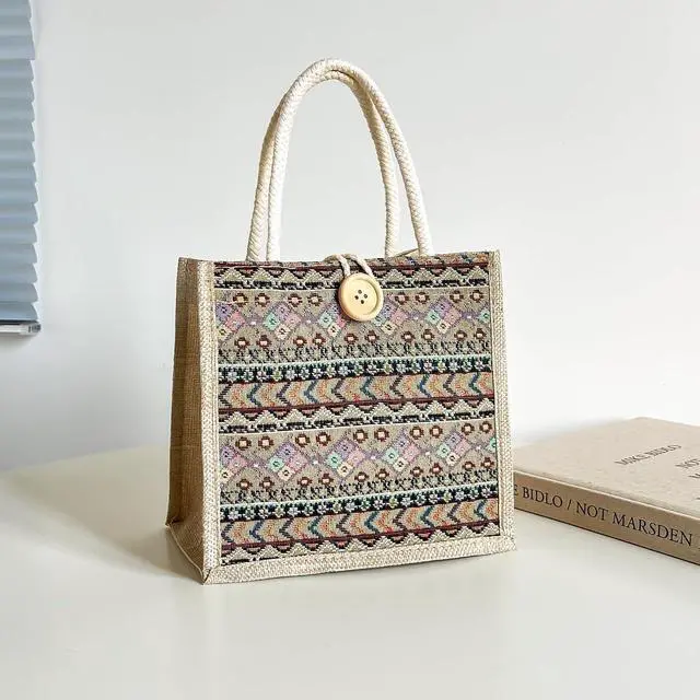 Alt view image 4 of 7 - Women Tote Bag,2Pcs Jute Casual Tote's Handbag Embroidered Personalized Bento Bag,Reusable Grocery Bags Shopping Bags