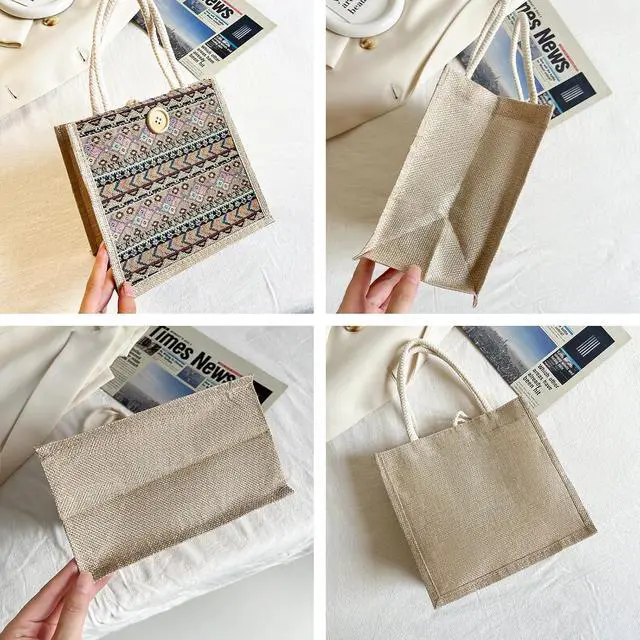 Alt view image 6 of 7 - Women Tote Bag,2Pcs Jute Casual Tote's Handbag Embroidered Personalized Bento Bag,Reusable Grocery Bags Shopping Bags