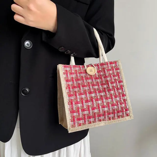 Alt view image 2 of 7 - Women Tote Bag,2Pcs Jute Casual Tote's Handbag Embroidered Personalized Bento Bag,Reusable Grocery Bags Shopping Bags