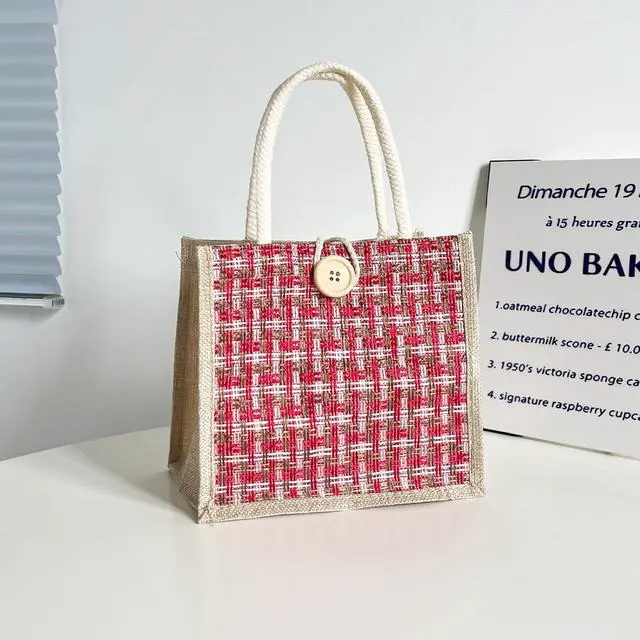 Alt view image 3 of 7 - Women Tote Bag,2Pcs Jute Casual Tote's Handbag Embroidered Personalized Bento Bag,Reusable Grocery Bags Shopping Bags