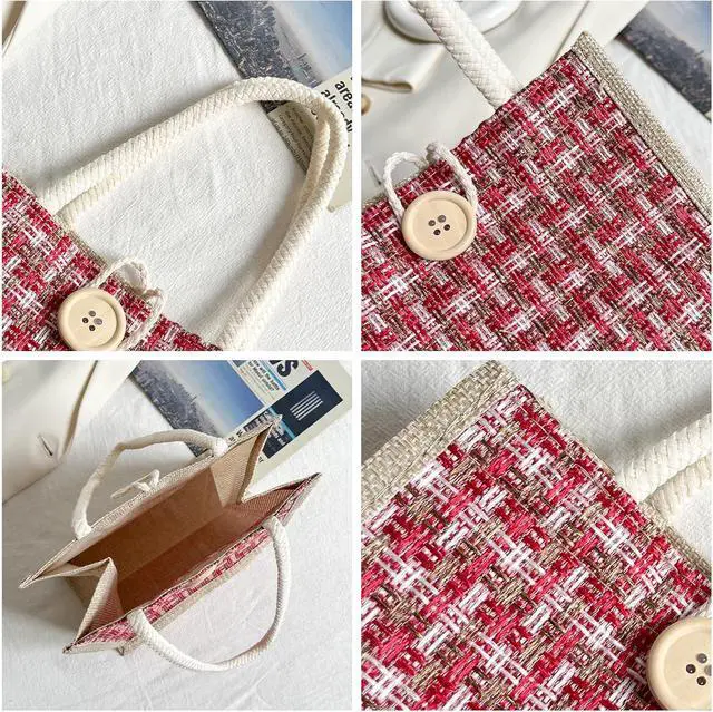 Alt view image 5 of 7 - Women Tote Bag,2Pcs Jute Casual Tote's Handbag Embroidered Personalized Bento Bag,Reusable Grocery Bags Shopping Bags