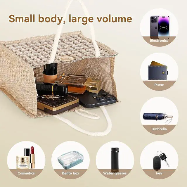 Alt view image 7 of 7 - Women Tote Bag,2Pcs Jute Casual Tote's Handbag Embroidered Personalized Bento Bag,Reusable Grocery Bags Shopping Bags