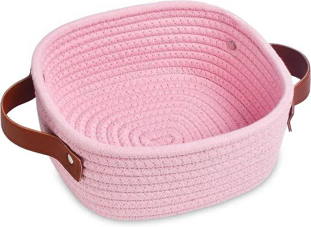 Main image of ABenkle Small Storage Basket, Mini Baskets, Cute Rope Woven Baskets for Organizing, Square Shelf Storage with Handle, Boho Decorative Toy Bin for Nursery, Spa, Empty Gift Basket - XS, Pink