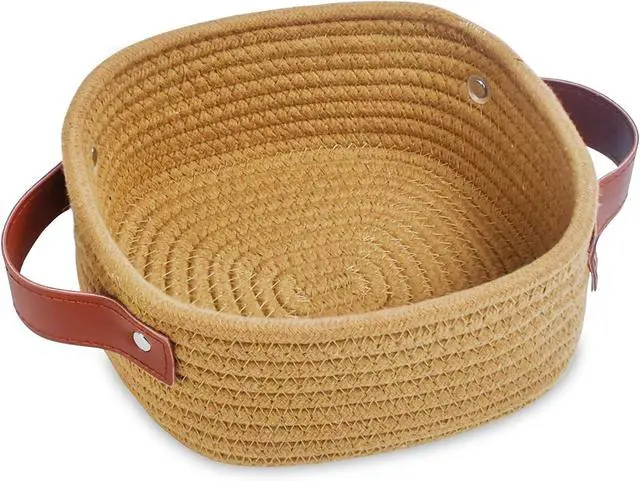Main image of ABenkle Small Storage Basket, Mini Baskets, Cute Rope Woven Baskets for Organizing, Square Shelf Storage with Handle, Boho Decorative Toy Bin for Nursery, Spa, Empty Gift Basket - XS, Brown