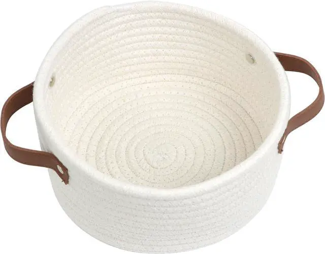 Main image of Small Woven Basket, Mini Cotton Rope Storage Basket with Leather Handle
