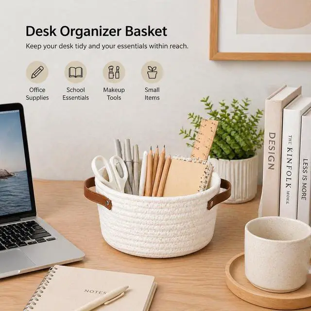 Alt view image 3 of 7 - Small Woven Basket, Mini Cotton Rope Storage Basket with Leather Handle