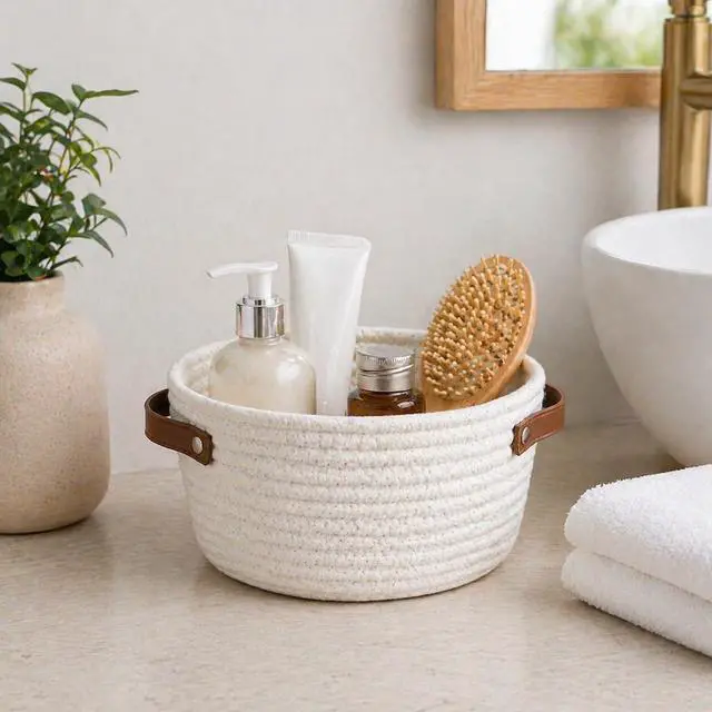 Alt view image 4 of 7 - Small Woven Basket, Mini Cotton Rope Storage Basket with Leather Handle