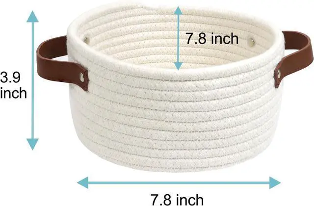 Alt view image 5 of 7 - Small Woven Basket, Mini Cotton Rope Storage Basket with Leather Handle