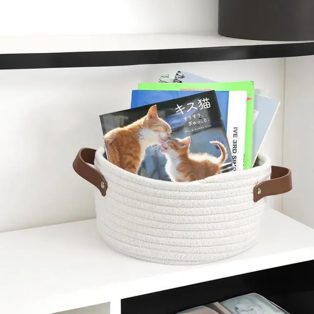 Alt view image 7 of 7 - Small Woven Basket, Mini Cotton Rope Storage Basket with Leather Handle